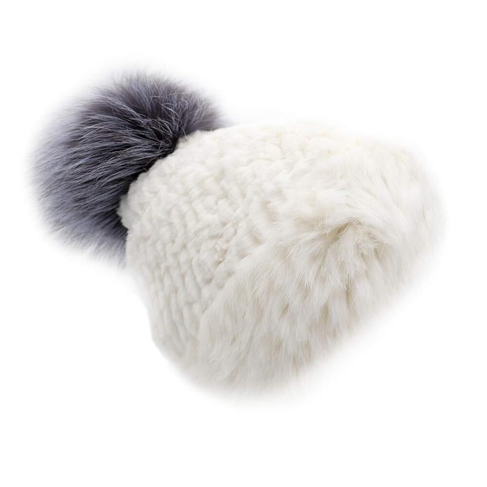8894 Long Haired Rabbit Textile Knit Beanie with Fox Fur Pom - Ski Style